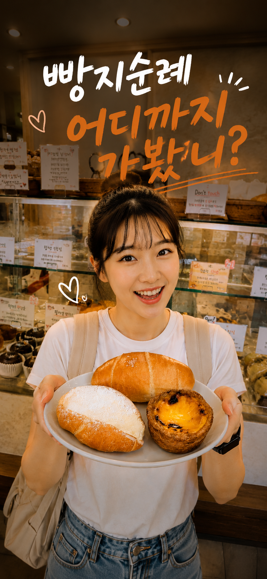 빵집에서 빵을 들고 빵지순례를 소개하는 여행자
